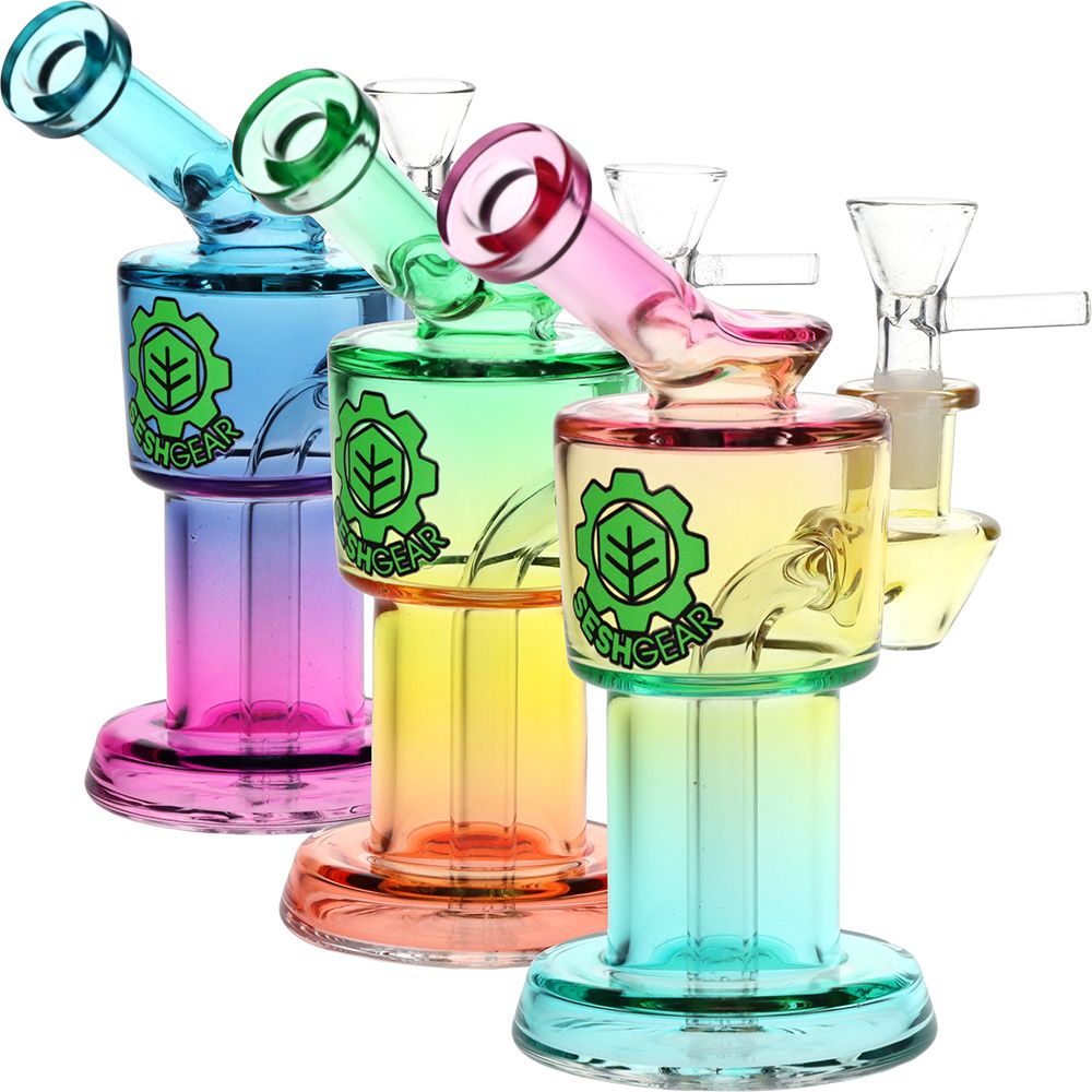 Colorful glass smoking bong devices with 'SeshGear' branding on a white background