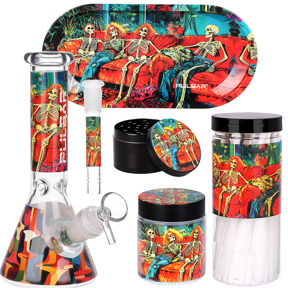 Set of smoking accessories with skeleton design on a colorful background