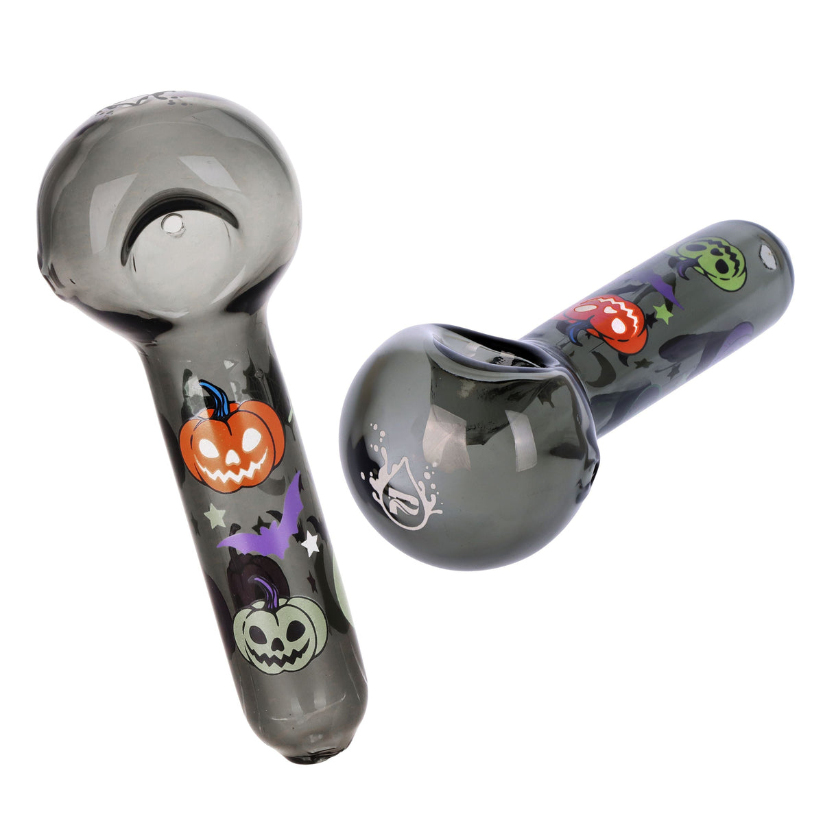 Two gray Weed Bowls  with Halloween-themed designs on a white background