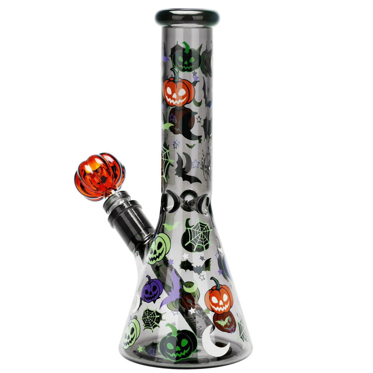 Glass bong with Halloween-themed decorations on a white background