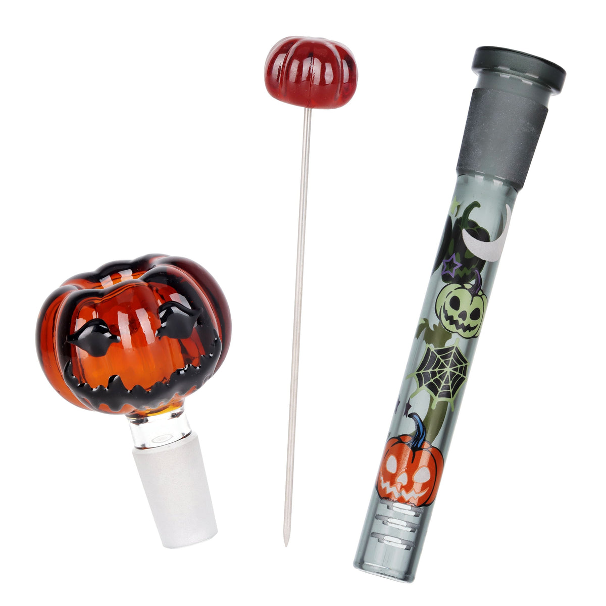 Halloween-themed glass pipe with pumpkins and ghosts design on a white background