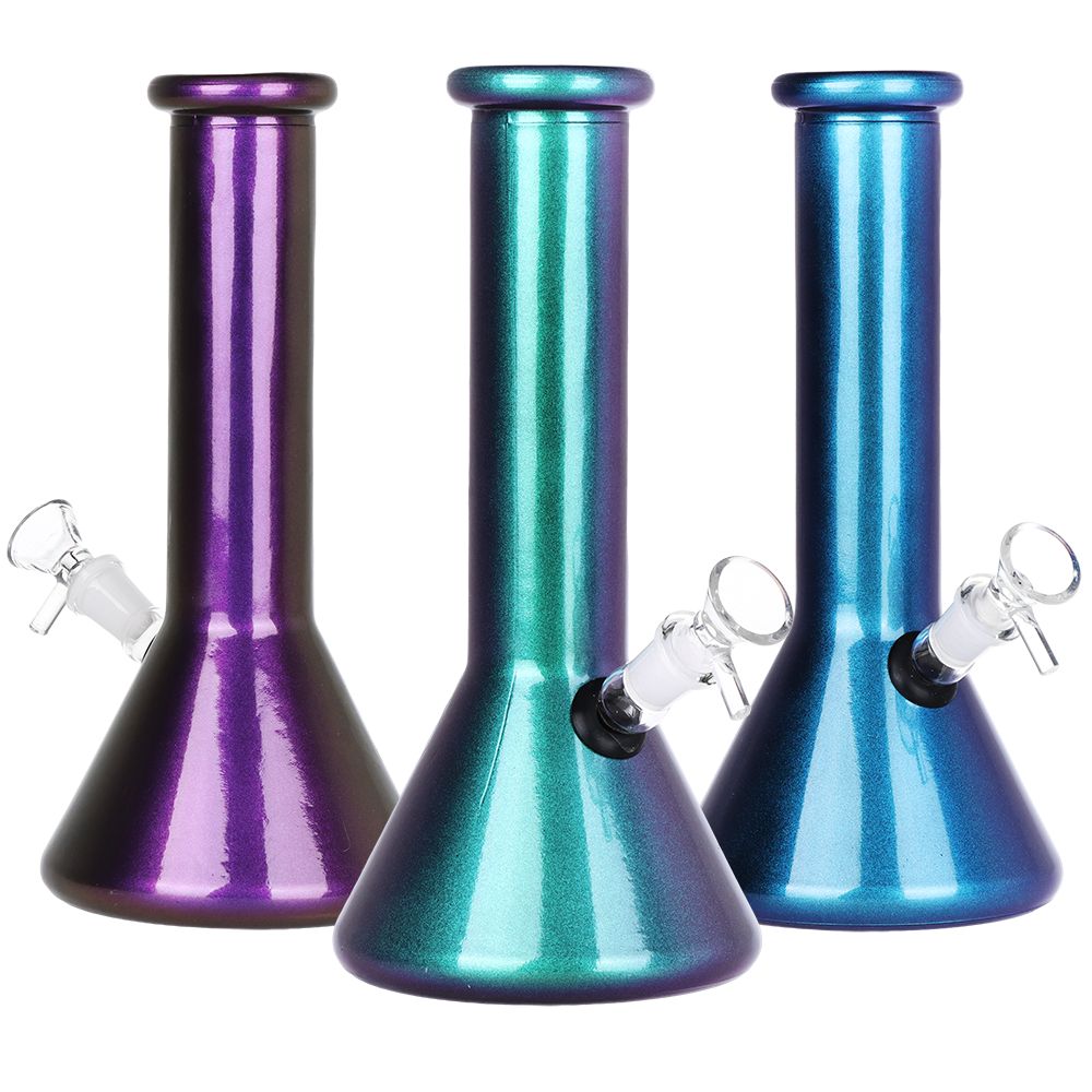 Three metalic glass bongs 