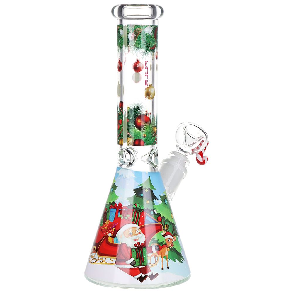 glass bong with Christmas-themed design on a white background