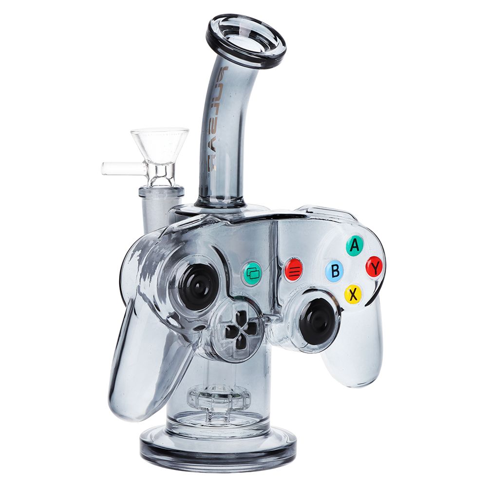 Clear glass water pipe shaped like a video game controller on a white background