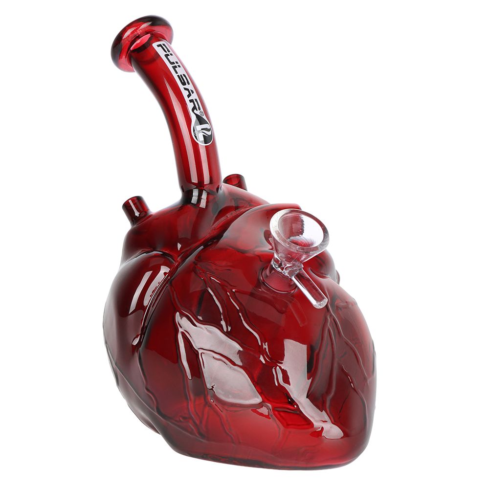 Red glass real human heart-shaped smoking bong with 'Pulsar' branding on a white background