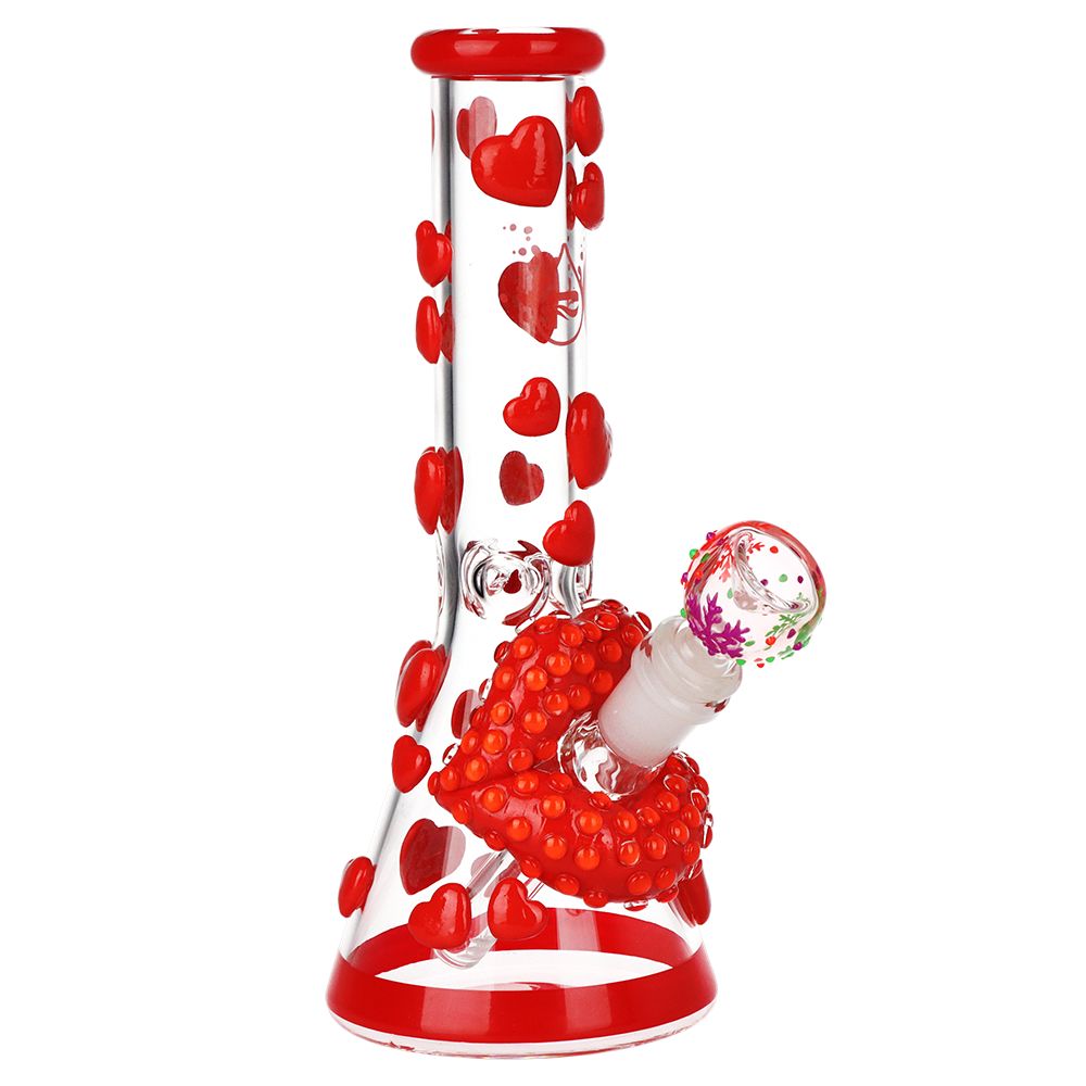 Glass bong with red heart designs on a white background
