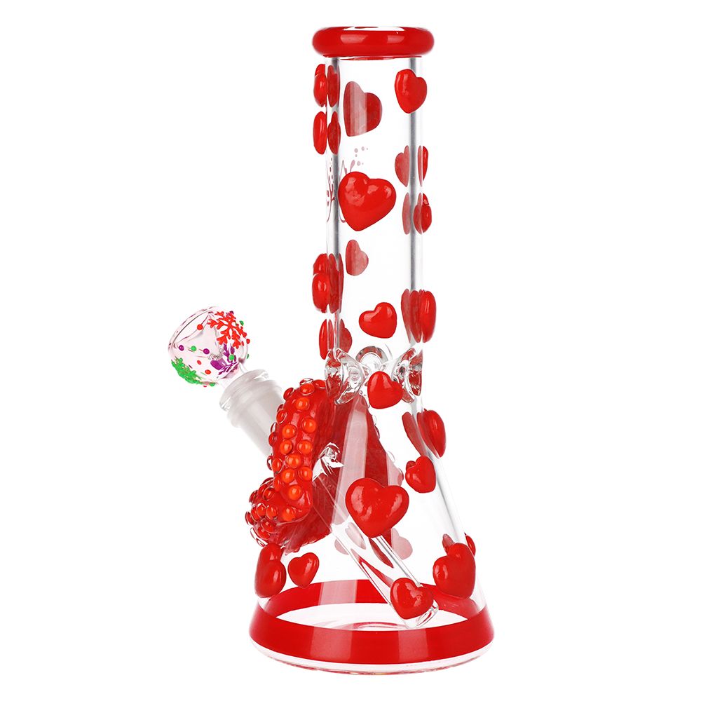 Clear and red heart-shaped beaker water pipe on a white background