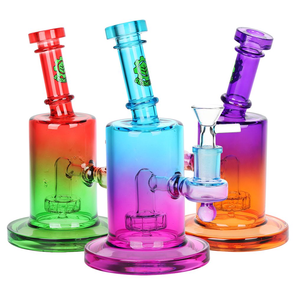Three colorful glass Bongs smoking devices on a white background