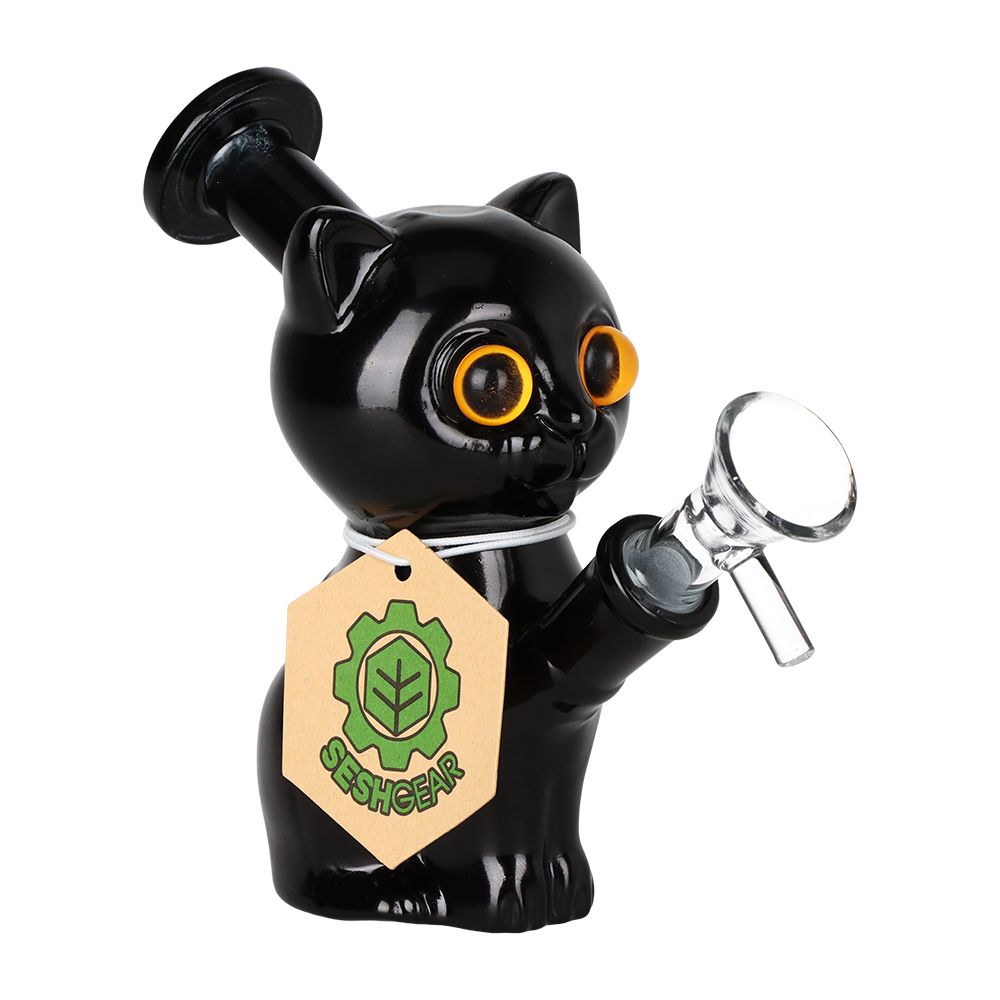 Black cat figurine Glass Water pipe with a magnifying glass on a white background