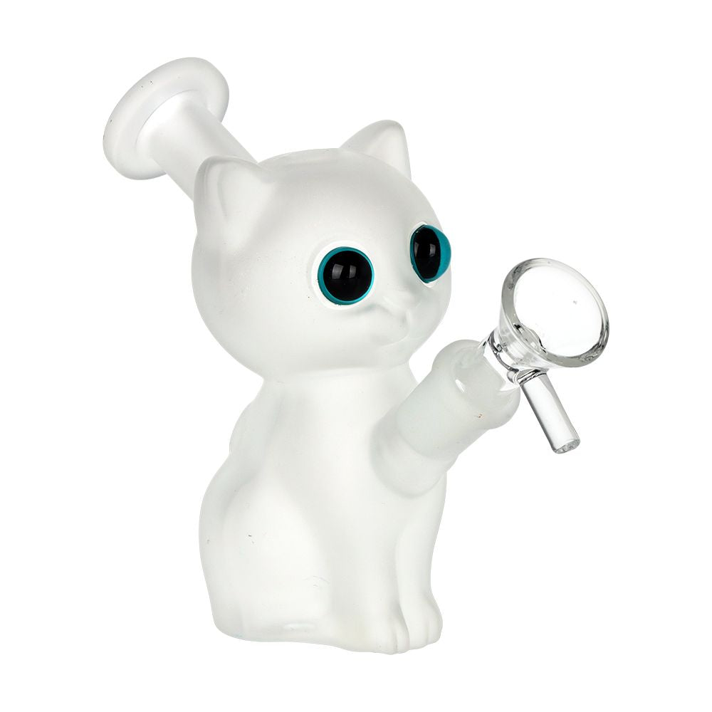 White cat-shaped bong with black eyes holding a glass herb bowl on a white background