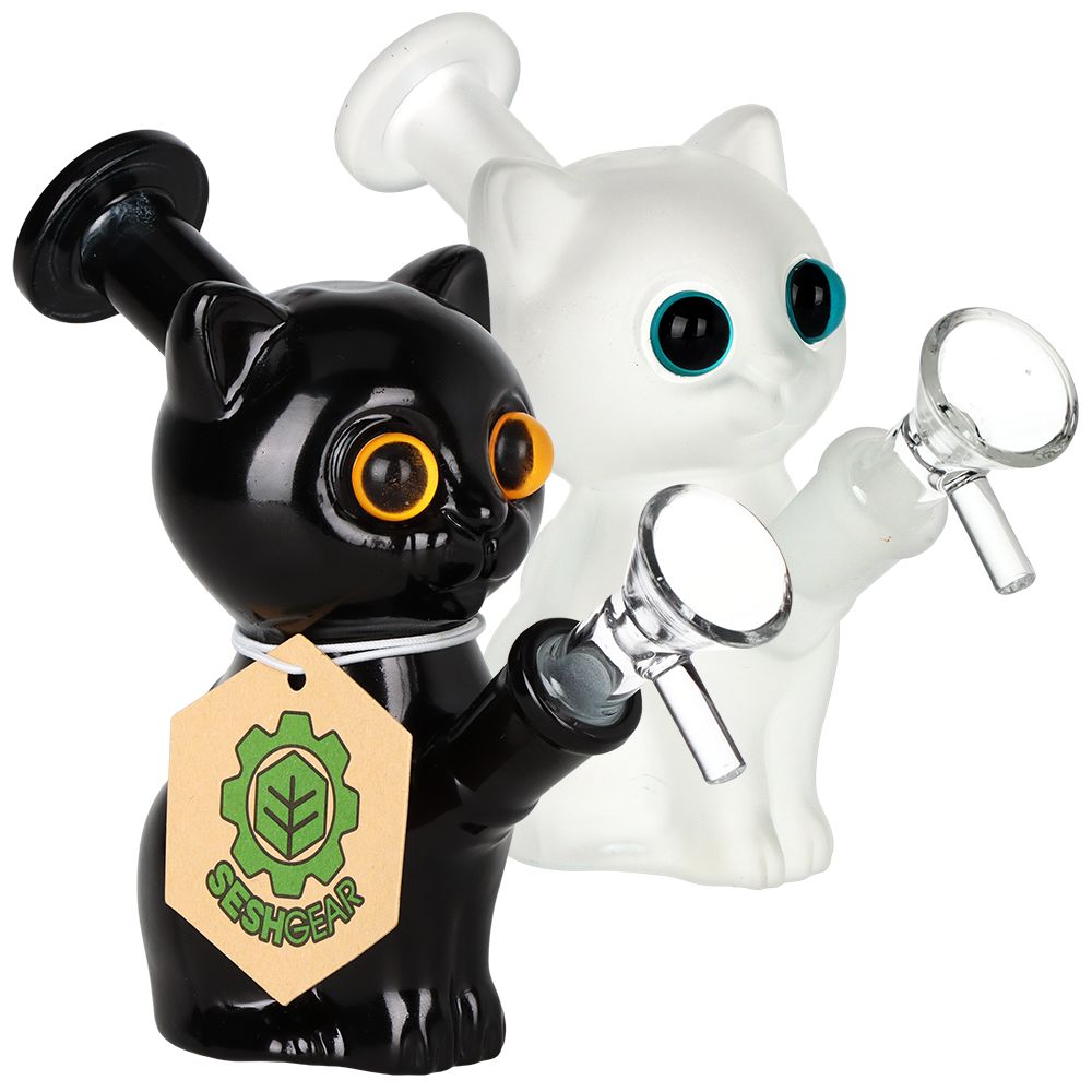 Black and white cat-shaped Bongs with a 'Sesh Gear' tag on a white background