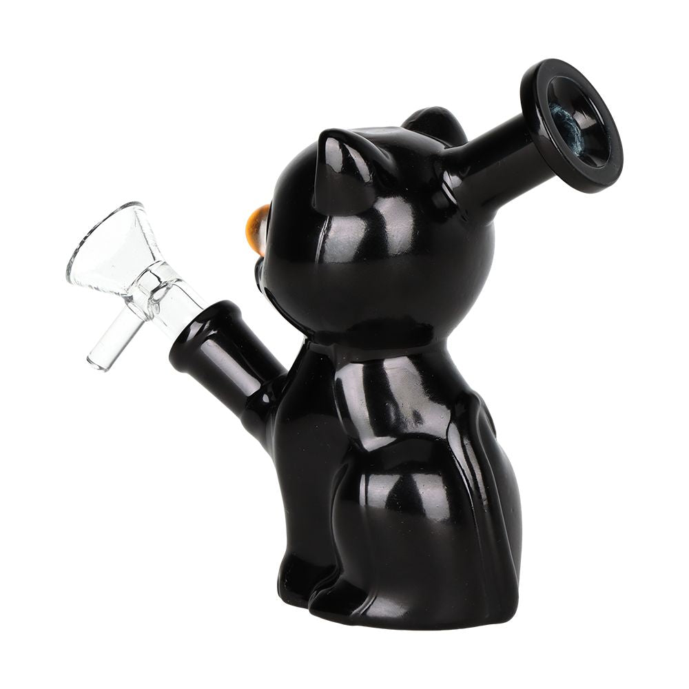 Black cat-shaped glass smoking device on a white background