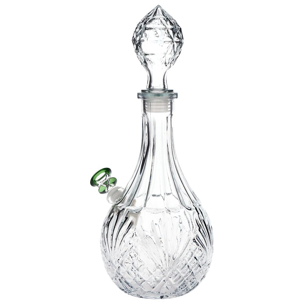 Clear glass decanter water pipe with decorative stopper on a white background