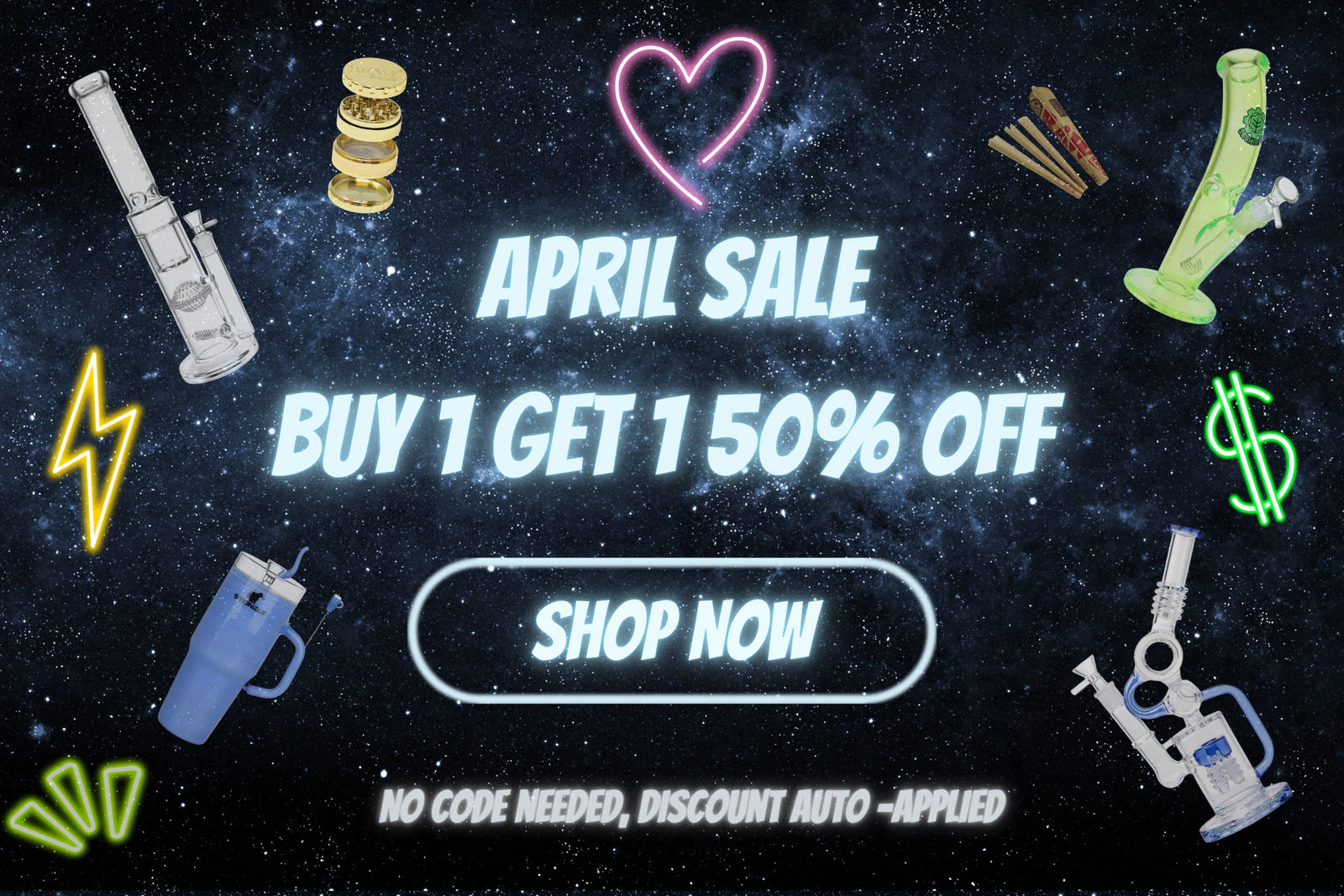 Promotional graphic for a World of Bongs April sale with various bongs and text on a dark background.