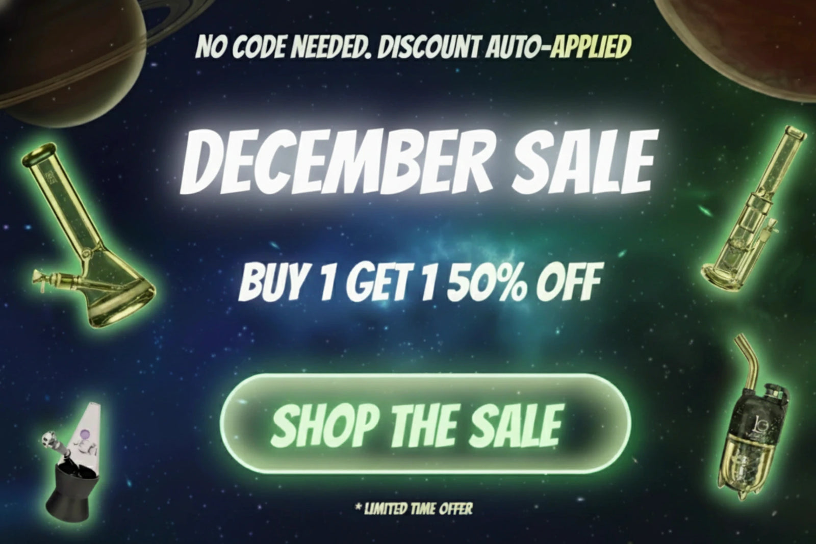 Promotional graphic for a World of Bongs December sale with space-themed background and product images.