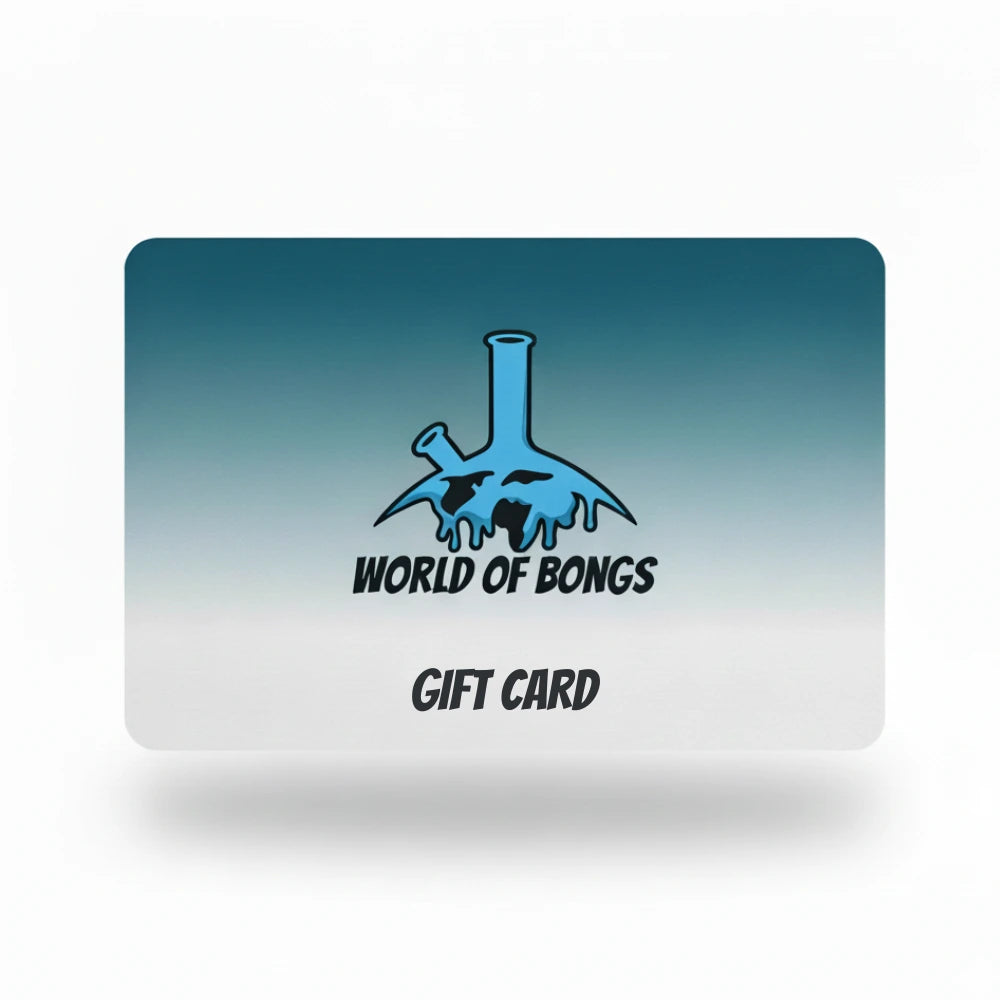 Gift card with 'World of Bongs' logo on a gradient blue and white background