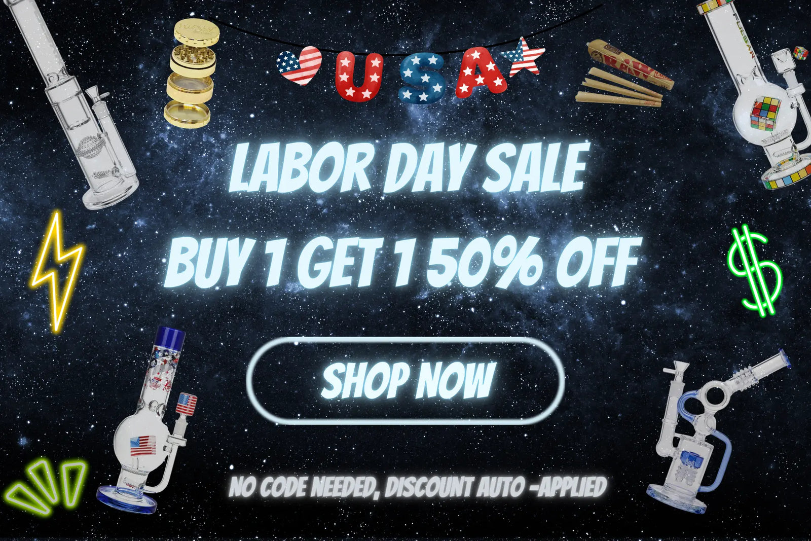 Glass Bongs, Dab rigs and smoking accessories on space themed background
