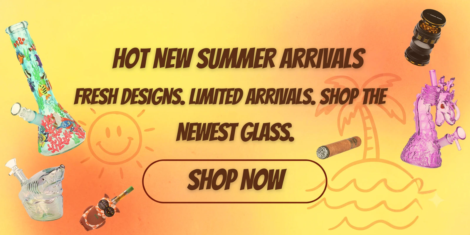 New amazing glass art bongs and accessories on a summer vibe background 