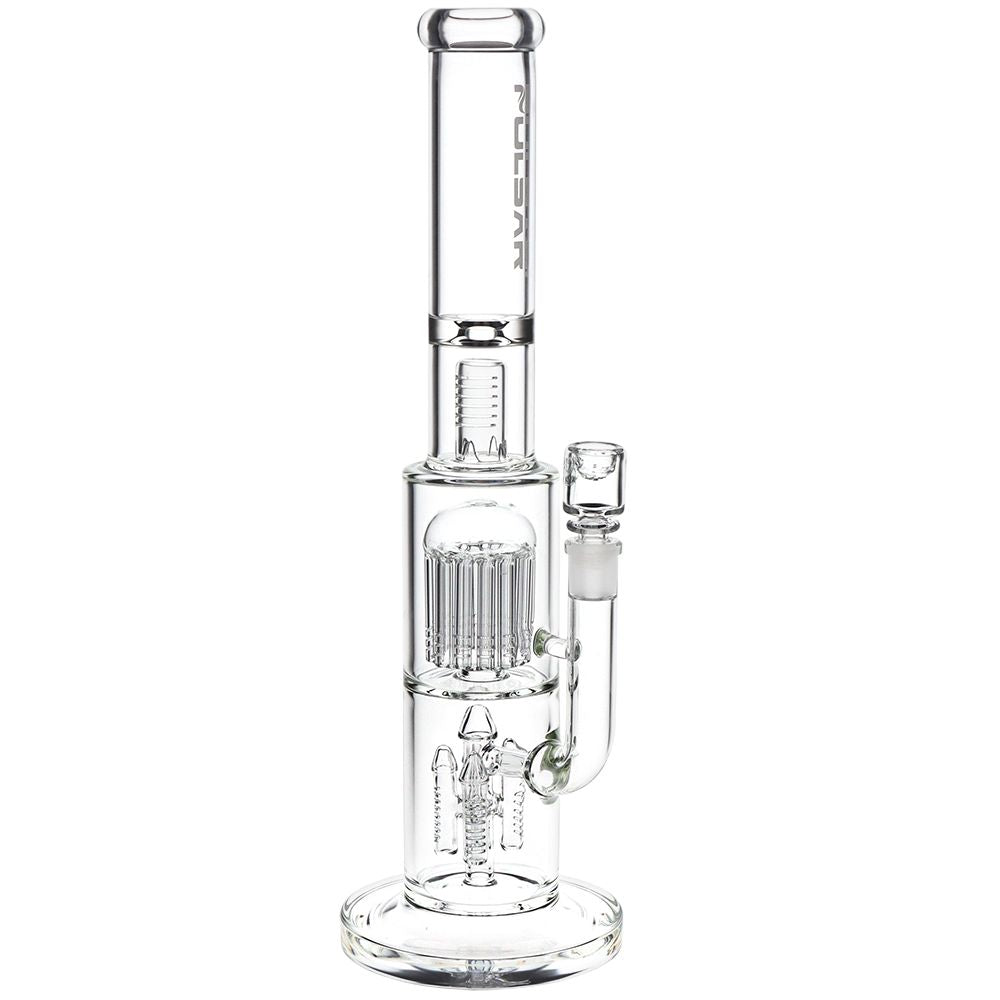 A clear glass water pipe with a cylindrical chamber, central bubbler tube, and side arm, shown on a plain white background.