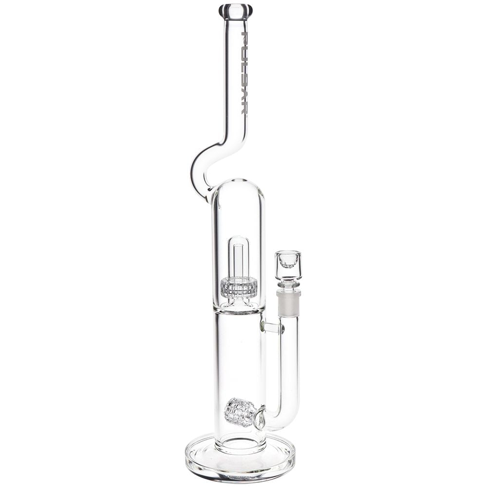 Clear glass water pipe with a curved neck, central chamber, side arm, and base on a plain white background.