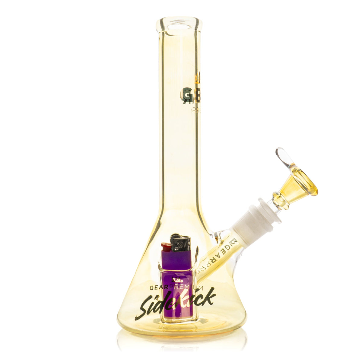 Glass water pipe with a purple lighter on a white background