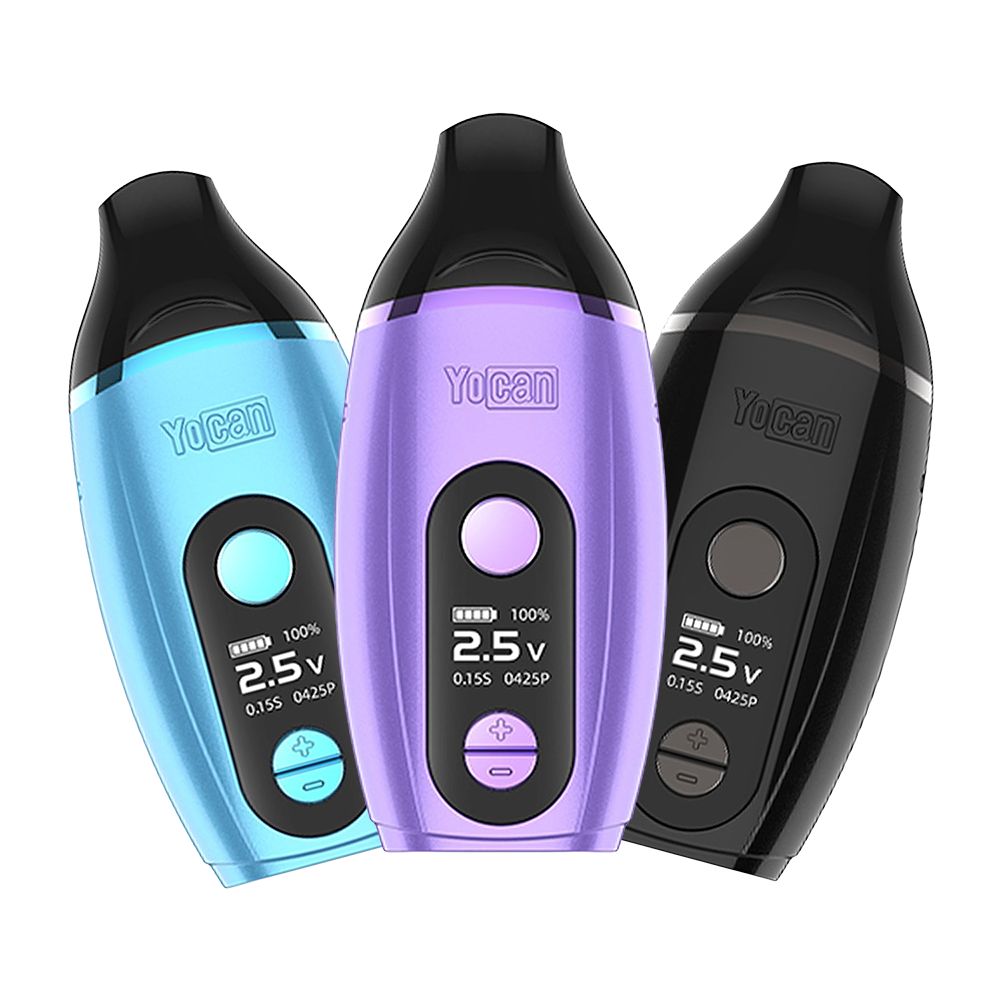 Three Yucan Dab vape devices in blue, purple, and black on a white background