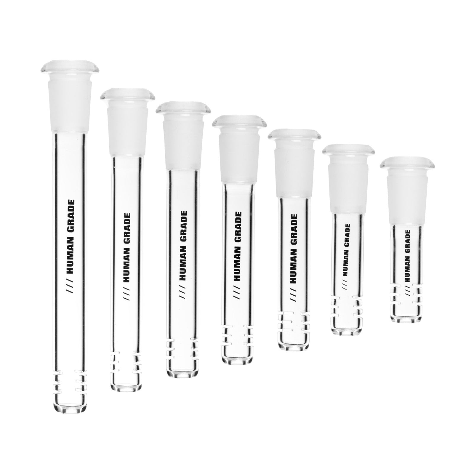 7 different sizes of glass downstems for bongs on a white background 
