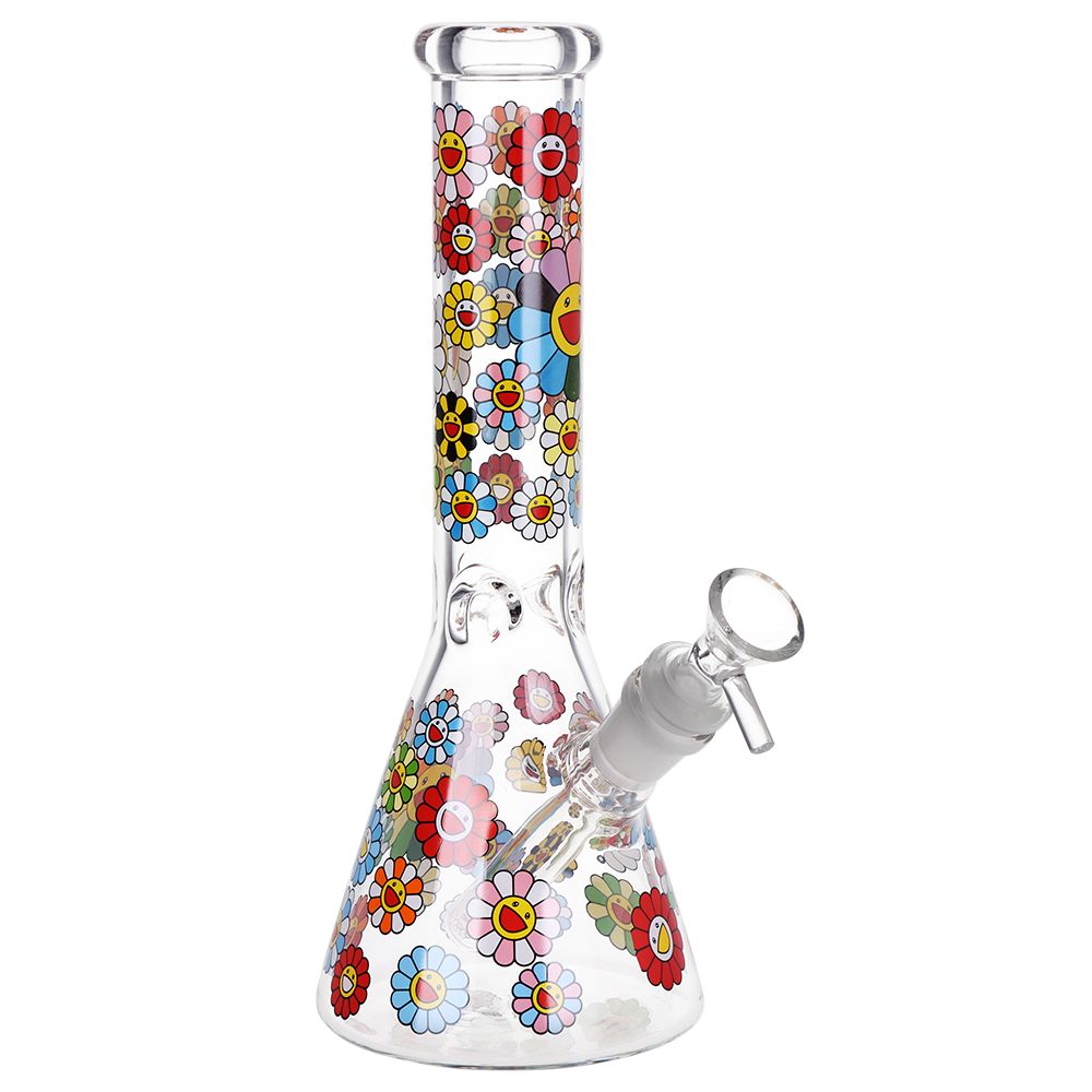 Glass smoking water pipe with colorful floral patterns on a white background
