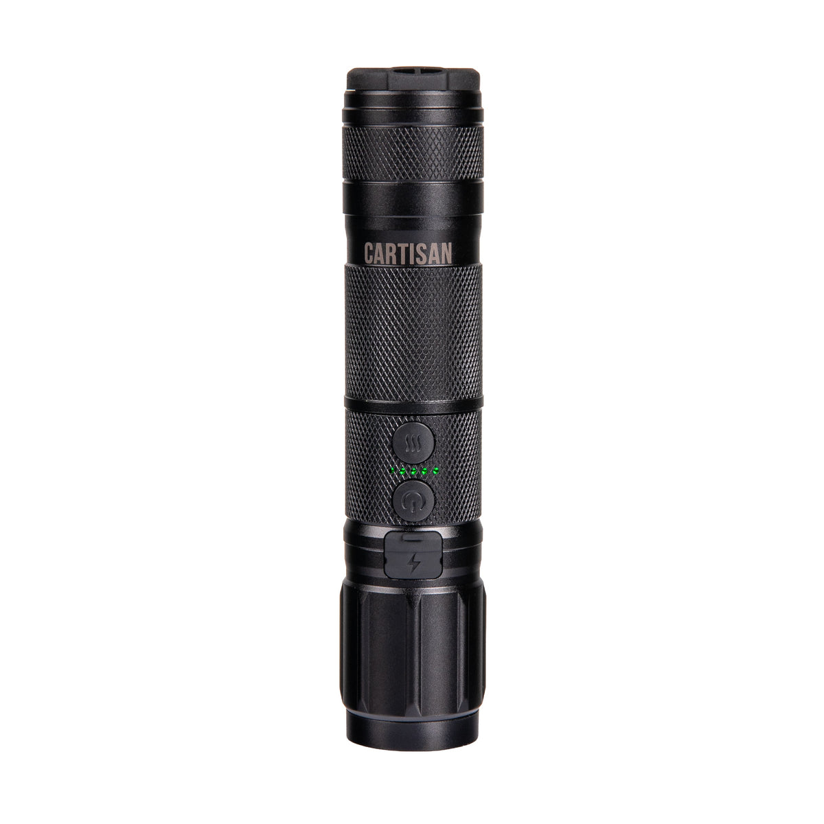 Black flashlight vaporizer with 'CARTISAN' branding on a white background