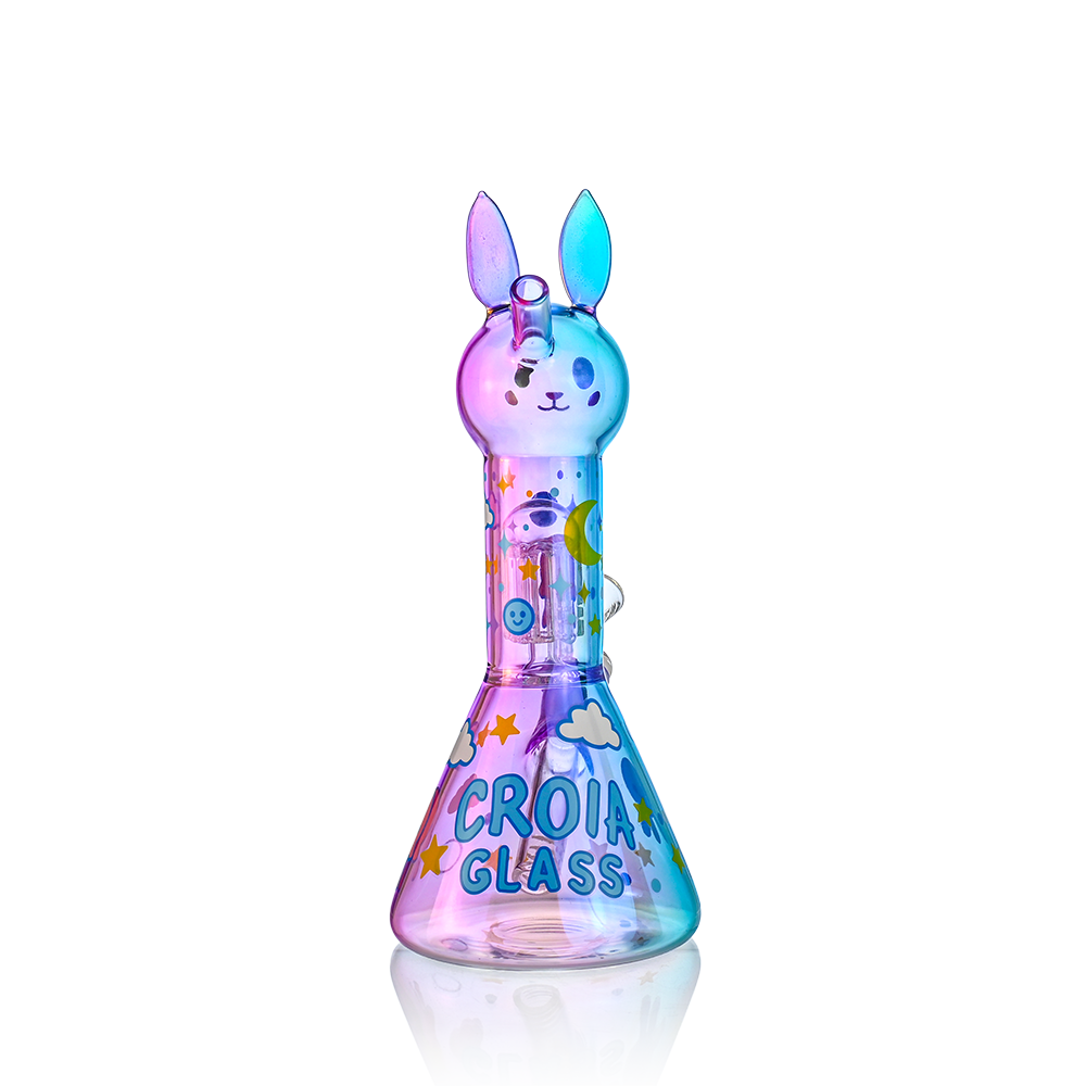 Colorful glass product with rabbit design and 'Croia Glass' branding on a white background