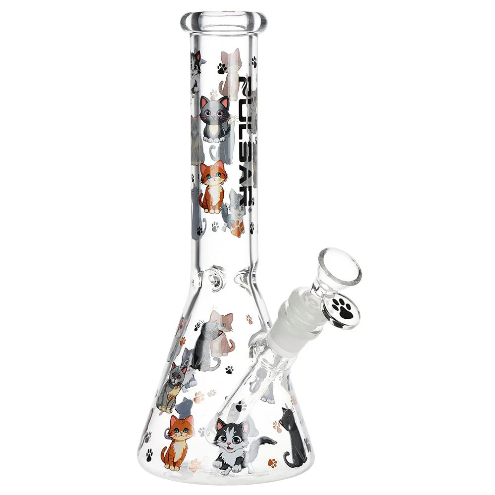 Glass smoking accessory with cats illustrations on a white background