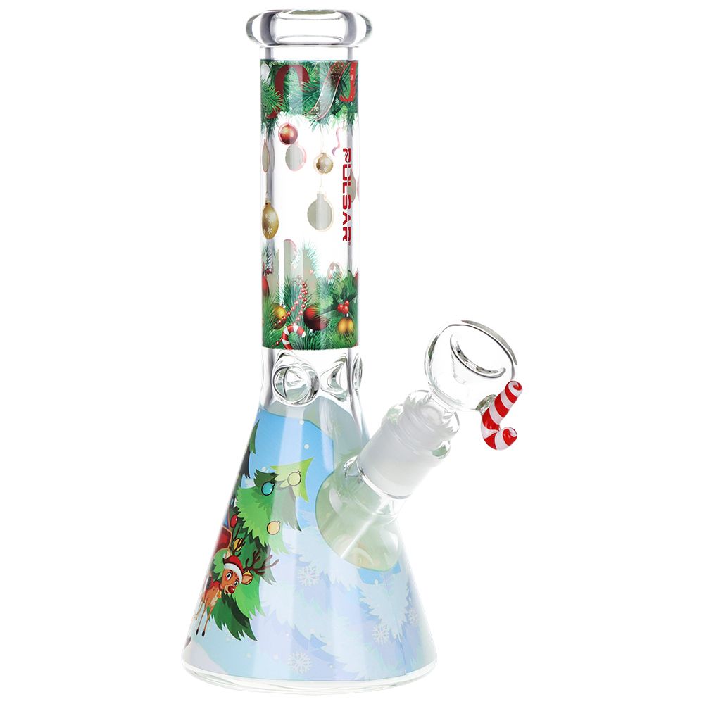 Glass bong with colorful design and candy cane accent on a white background