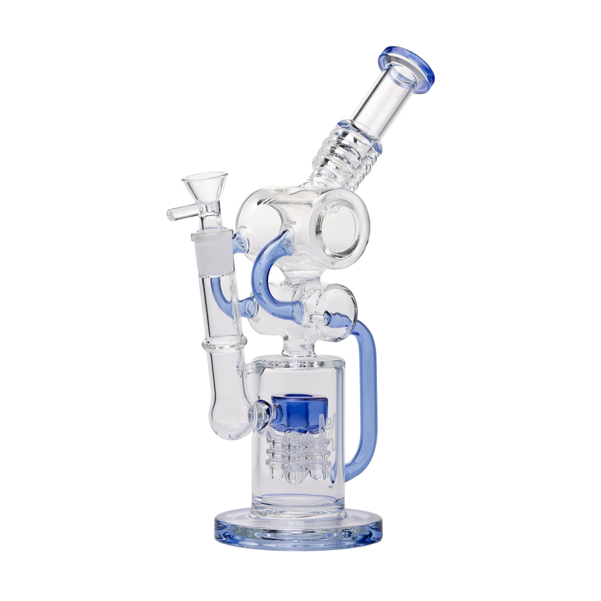 Clear glass water pipe with blue accents on a white background