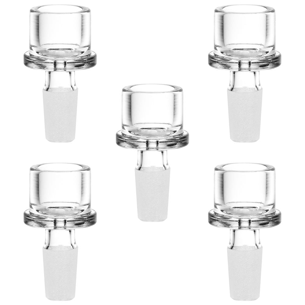 Bundle of clear glass bowls with white stoppers on a white background