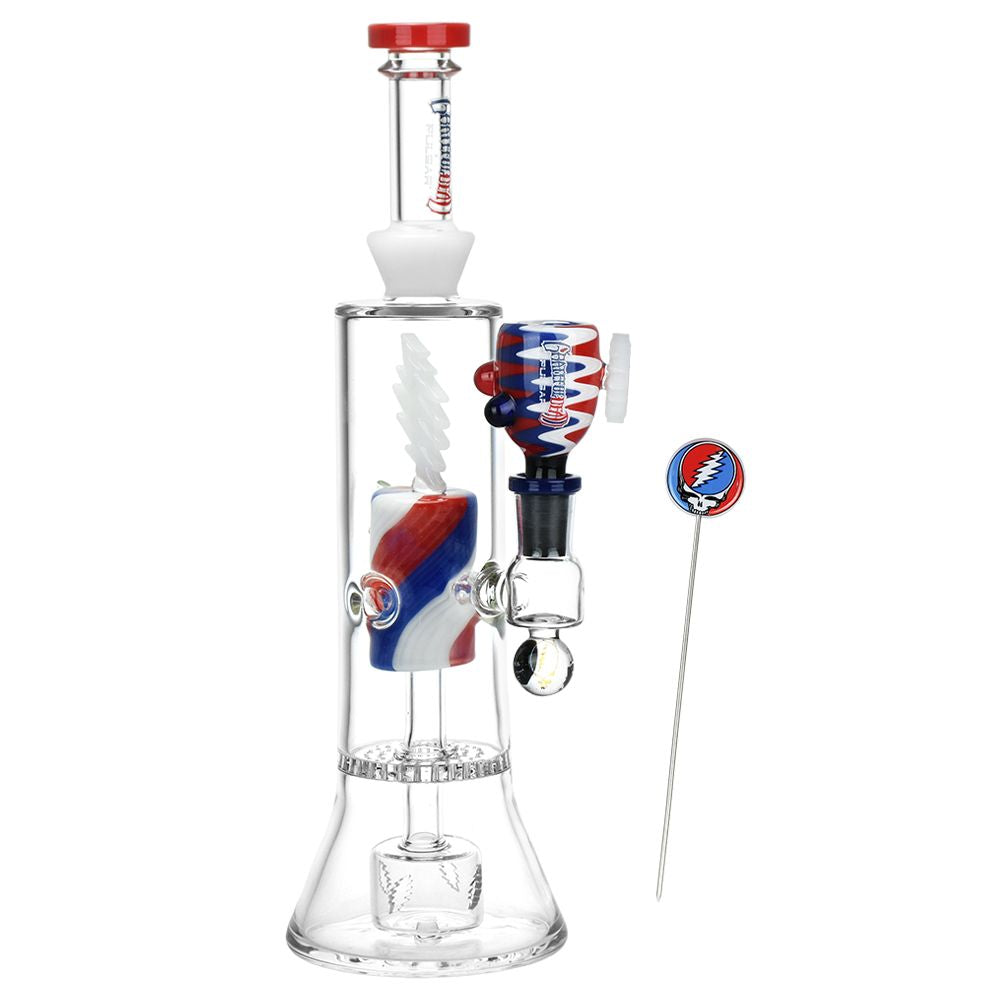 Glass double perc greatful dead smoking bong with colorful design on a white background