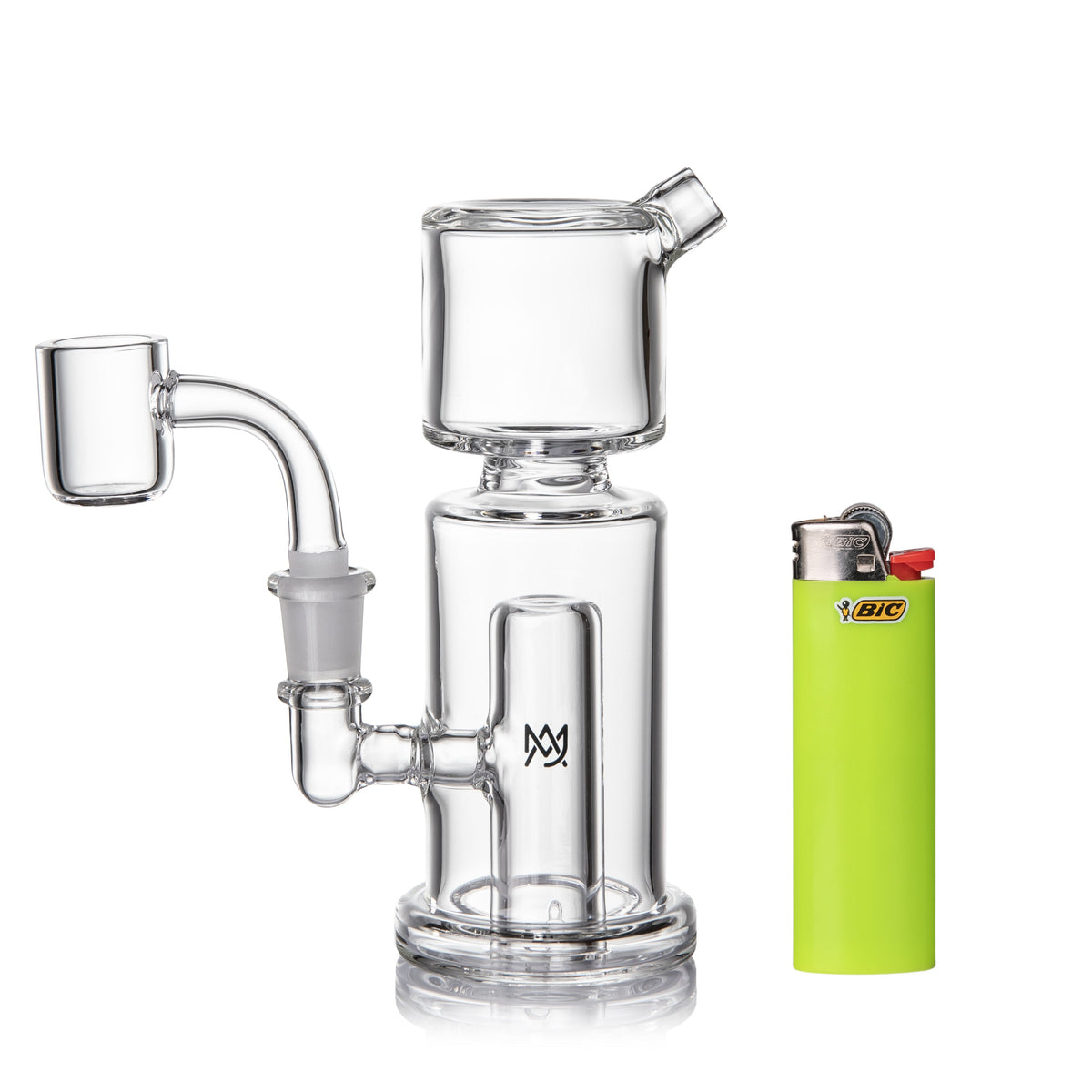 Comparison sizes Clear glass water pipe with a green lighter on a white background