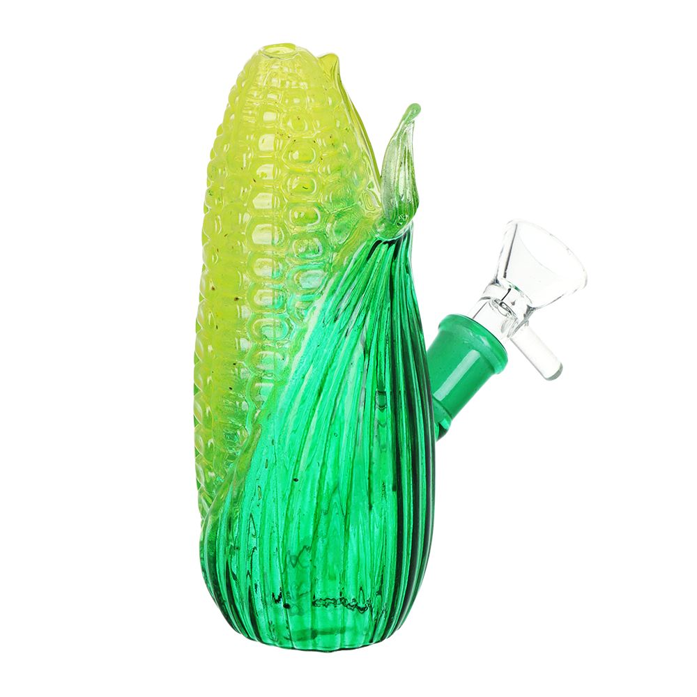 Glass bong device shaped like a corn cob on a white background