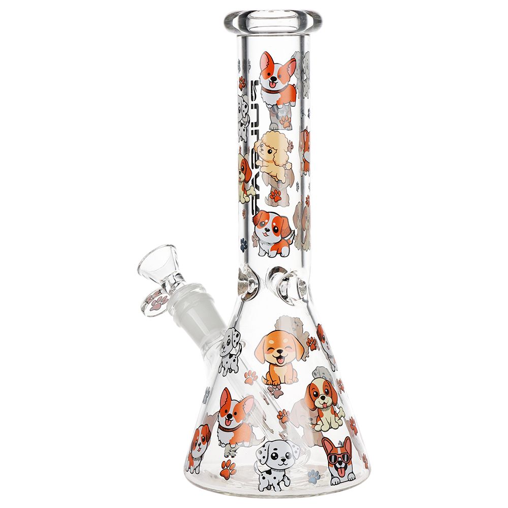 Glass bong with dog illustrations on a white background