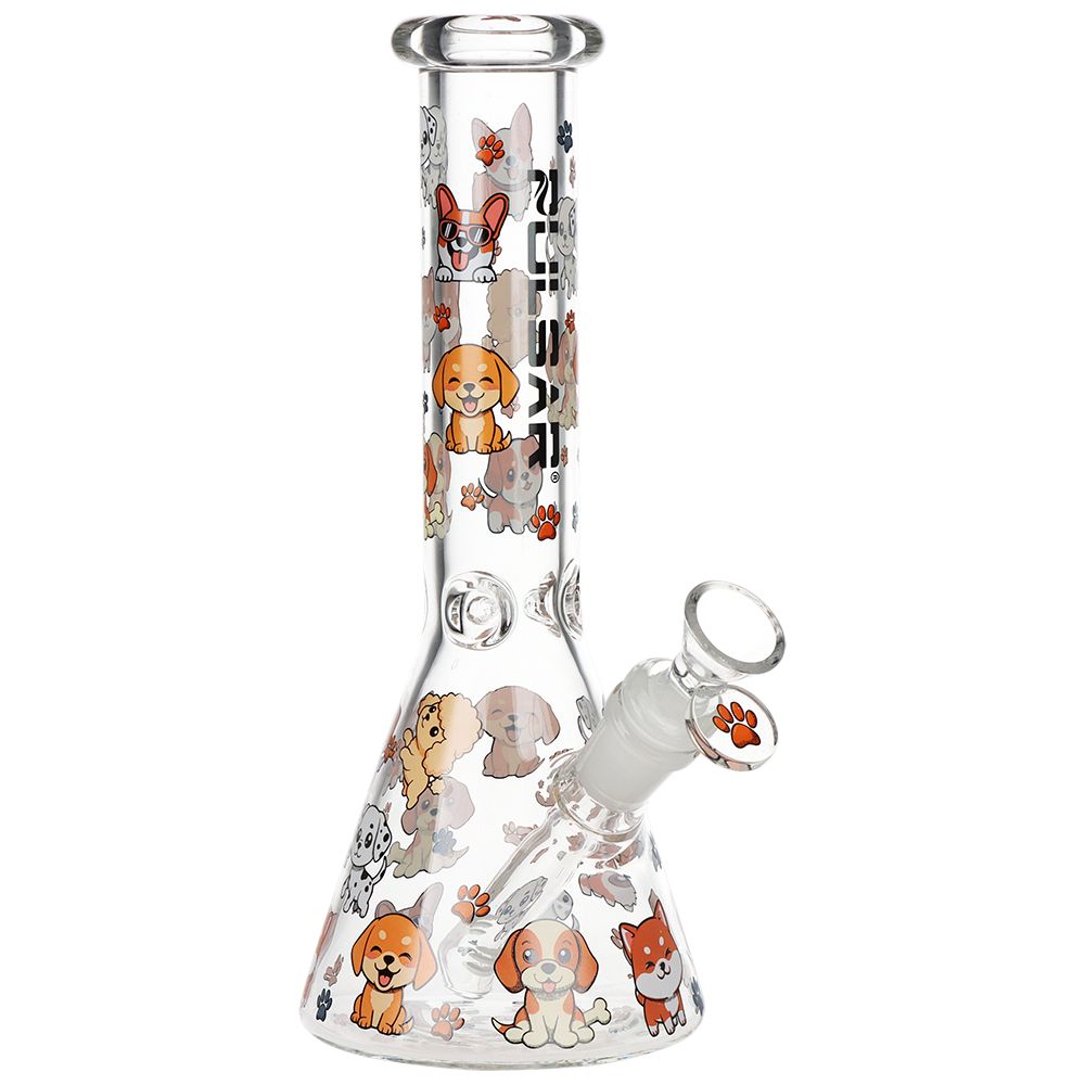 Glass water pipe with cartoon dogs designs on a white background