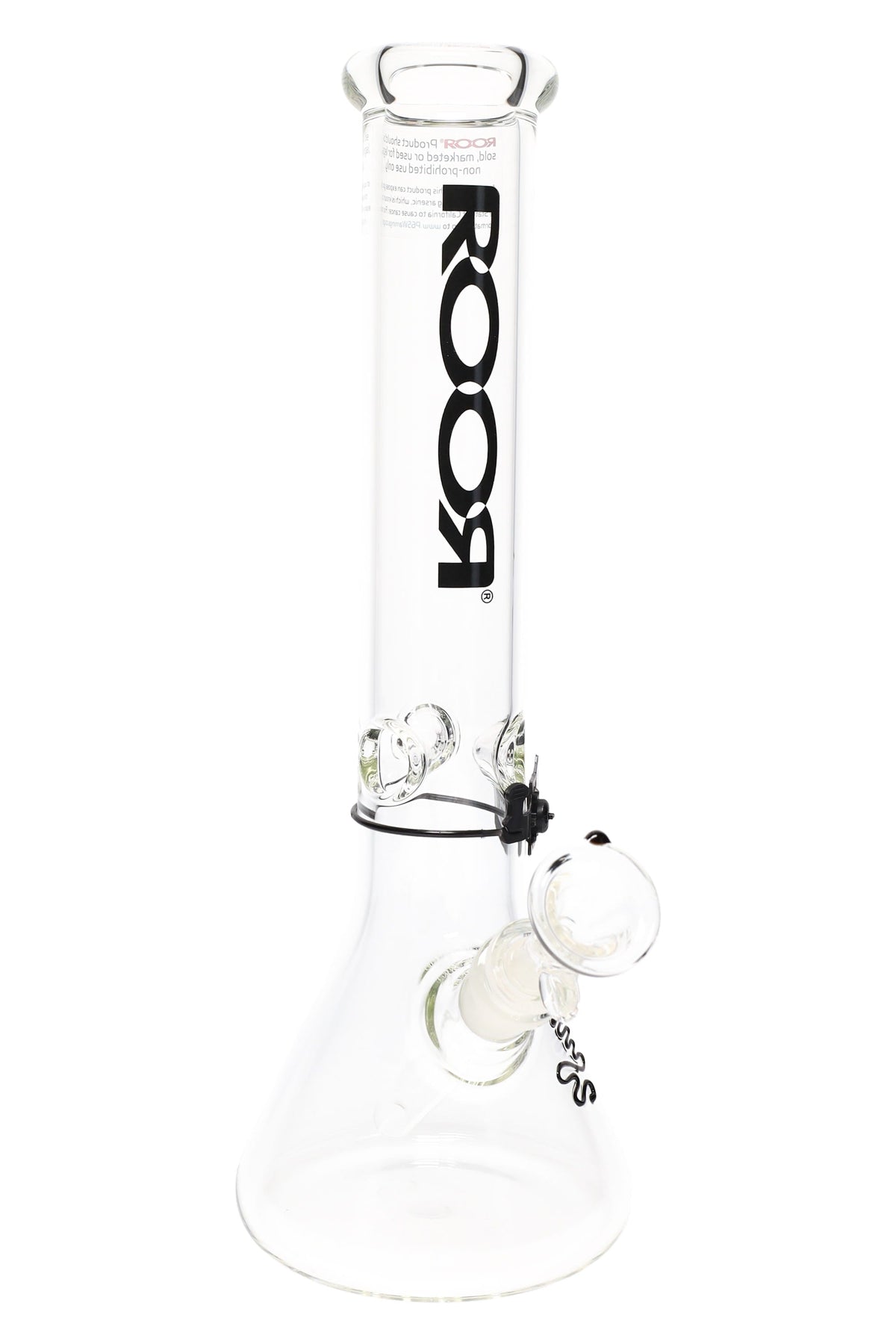 Clear glass water pipe with Black 'Roor' branding on a white background