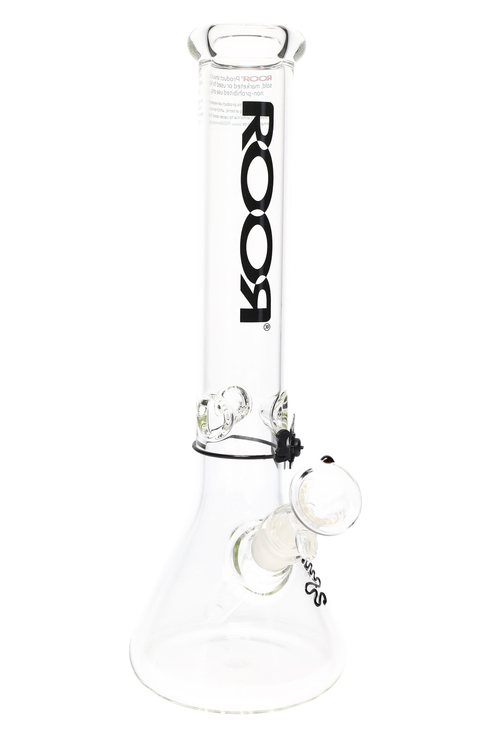 Clear glass water pipe with Black 'Roor' branding on a white background