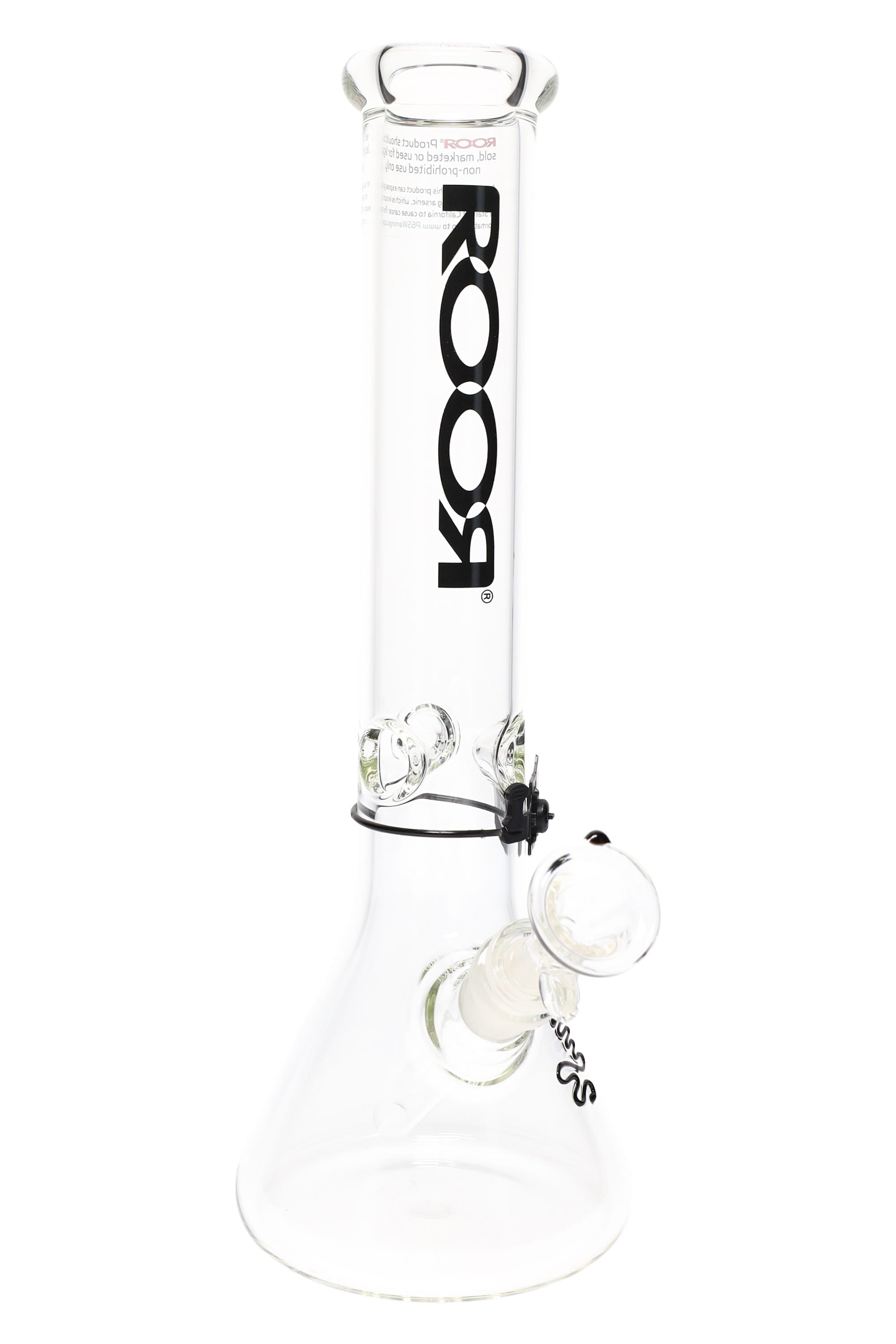 Clear glass water pipe with Black 'Roor' branding on a white background