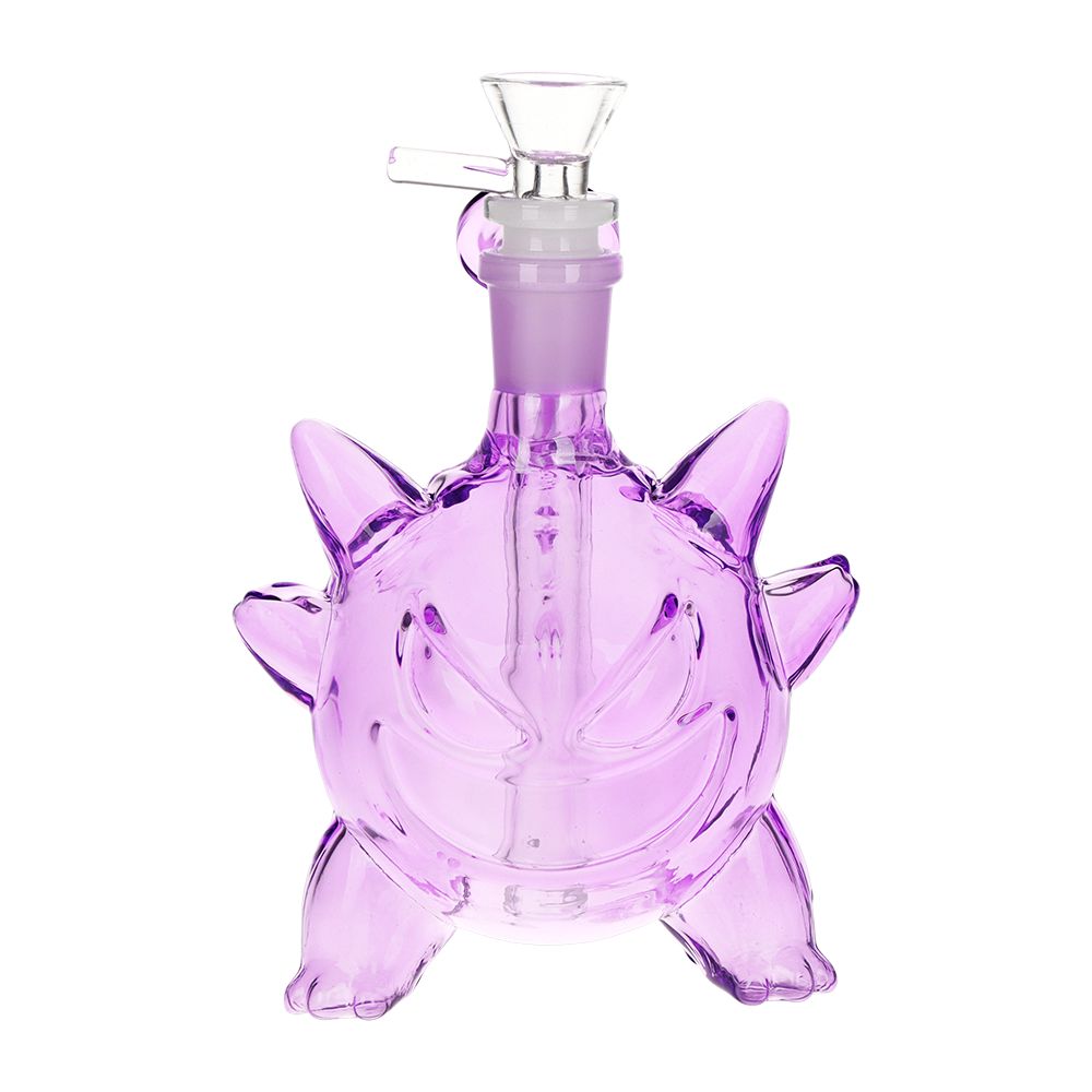 Purple glass smoking bong with a ghost monster unique design on a white background