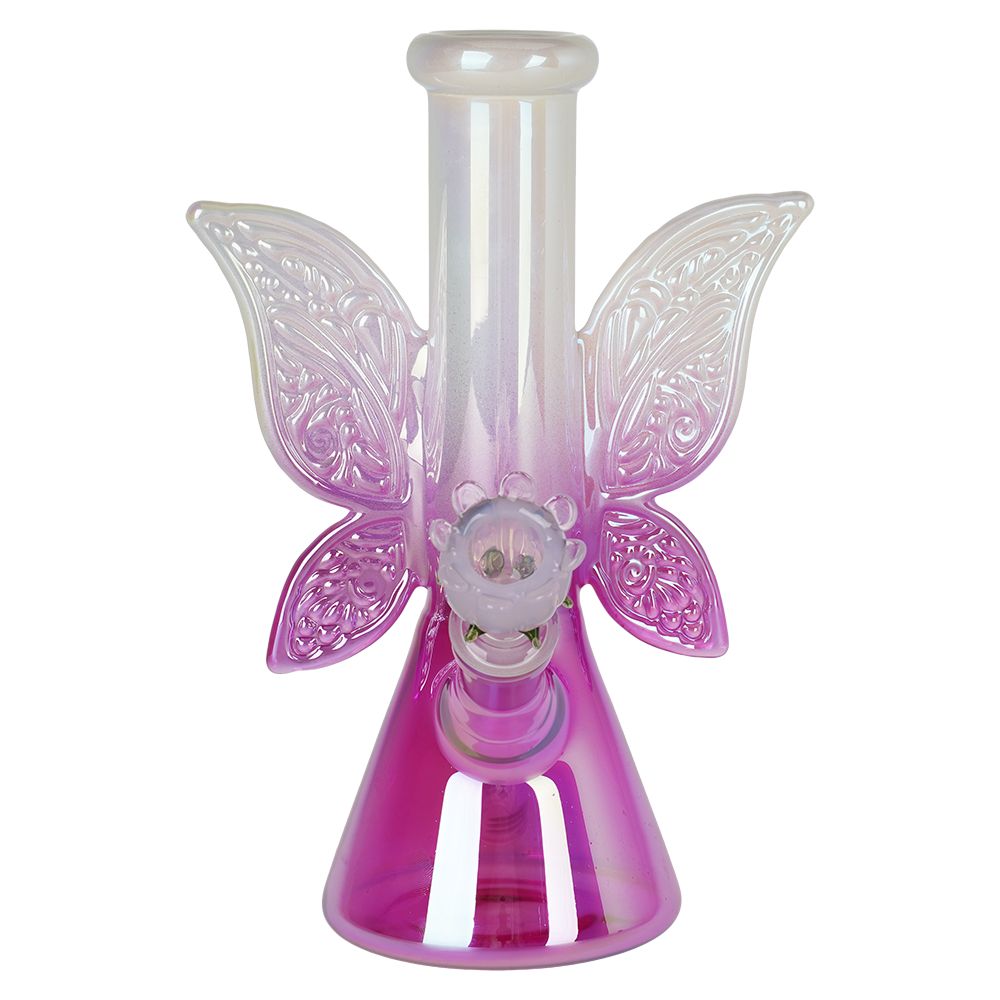 Pink and purple butterfly-shaped glass water pipe on a white background