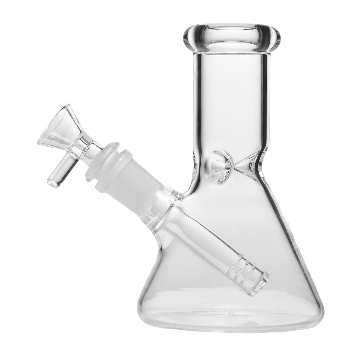 A clear glass beaker water pipe with a downstem and a flower bowl, featuring an ice catcher.