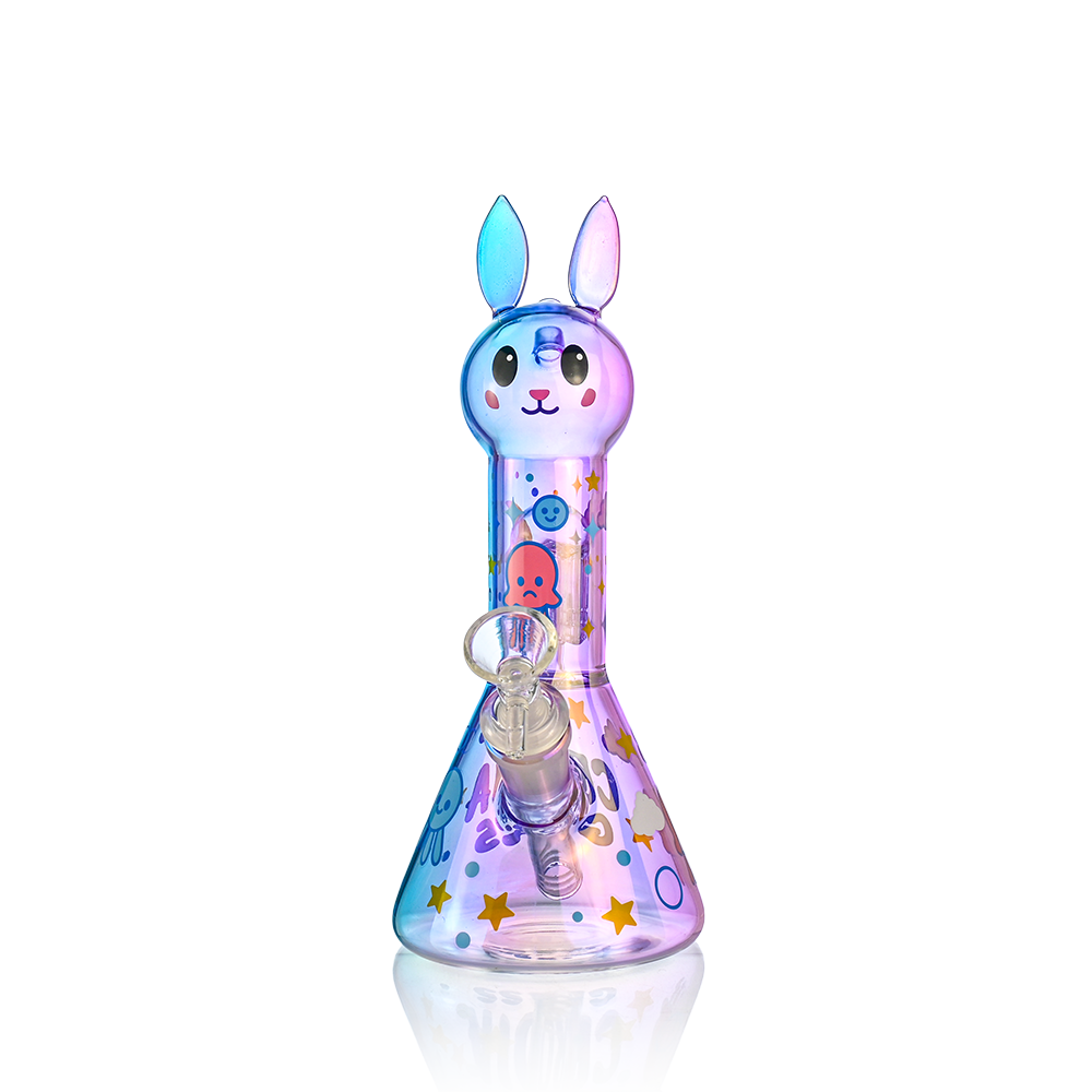 Colorful glass bunny-shaped water pipe on a white background