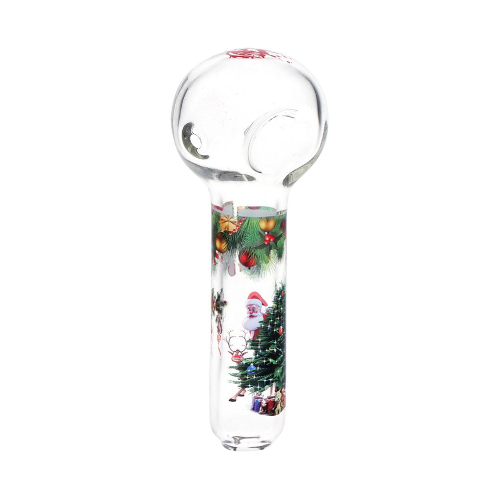 Clear glass pipe with Christmas-themed design on a white background
