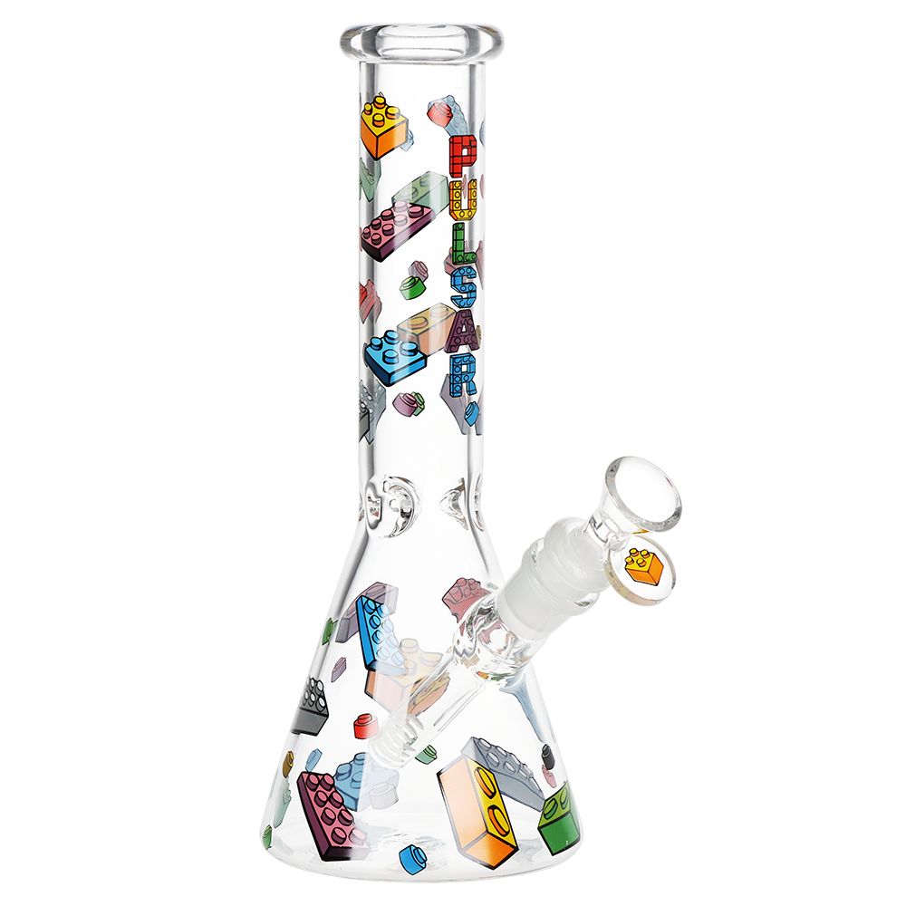 Glass bong with colorful geometric designs on a white background