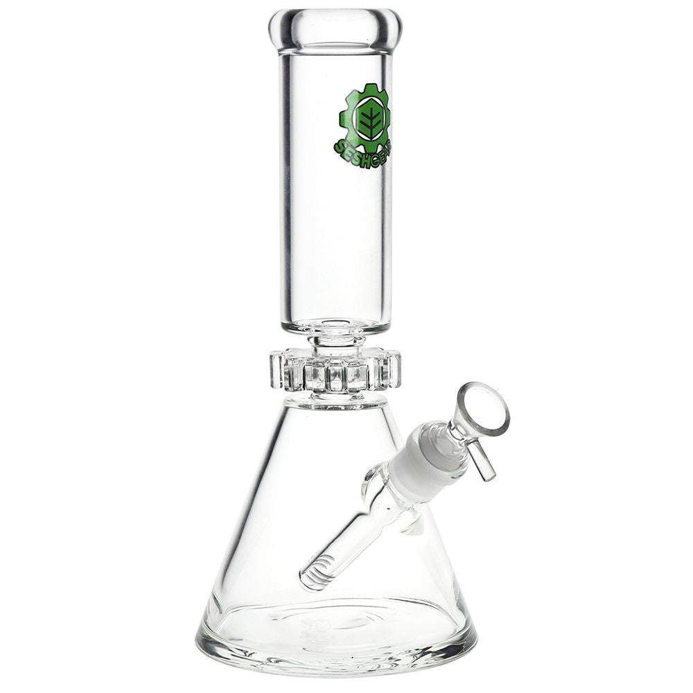 Clear glass water pipe with built in spinner on a white background