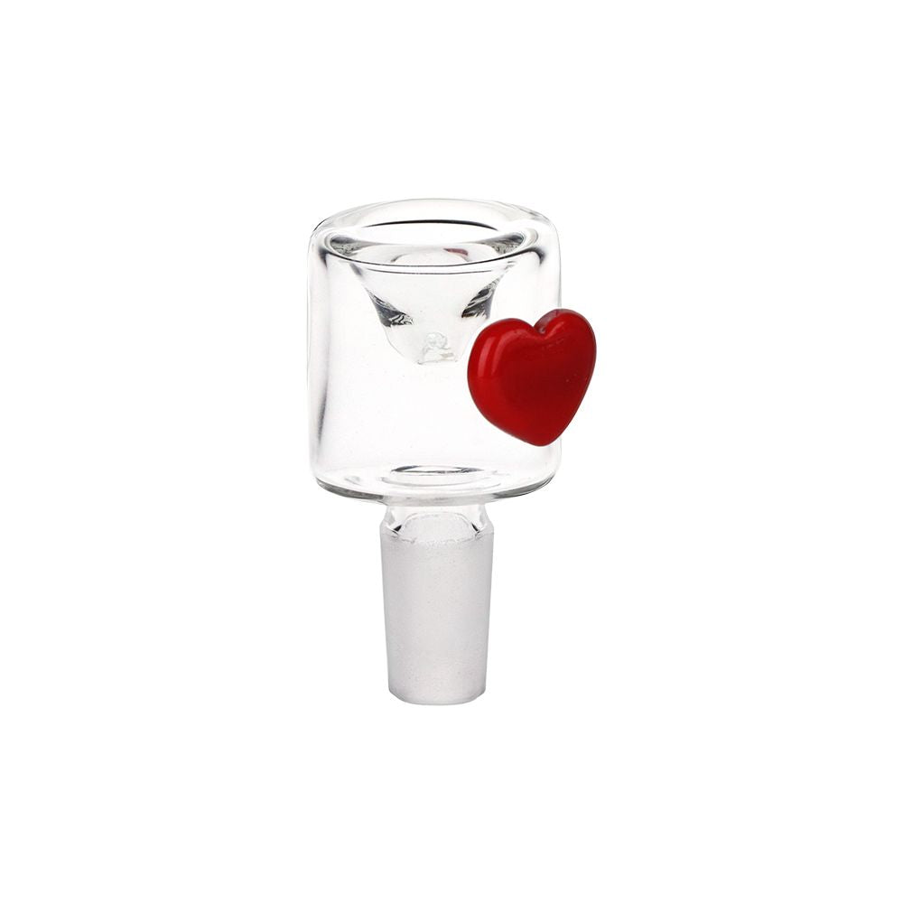 Clear glass matching bowl for glass bong with a red heart on a white background